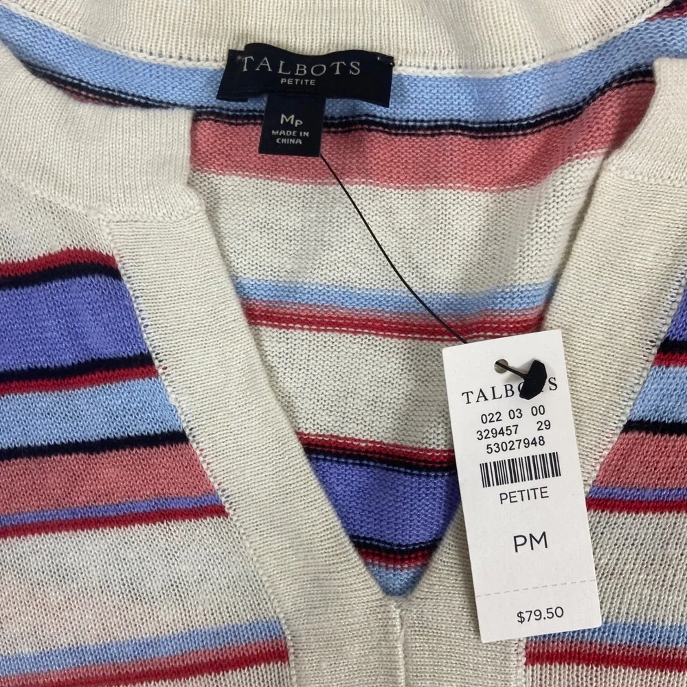 Talbots Womens PM Multi Stripe Linen Blend Split Neck‎ Sweater NEW 3/4 Sleeve